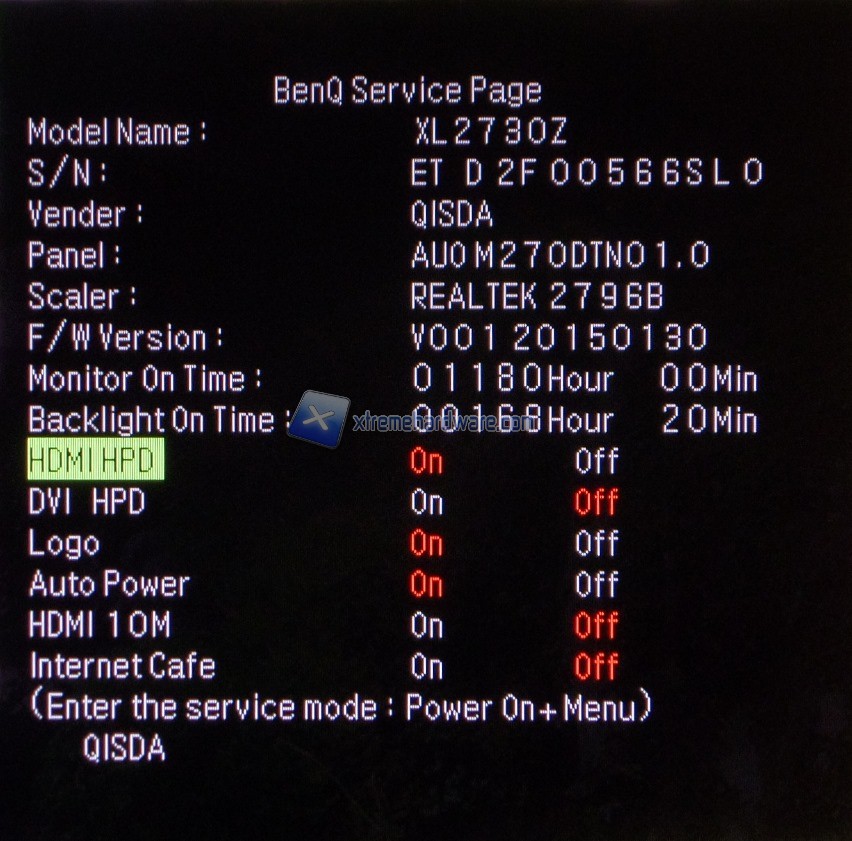 BenQ XL2730Z menù service